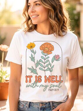Boho Christian Floral Graphic Tee Retro It Is Well With My Soul Psalm Bible Soft